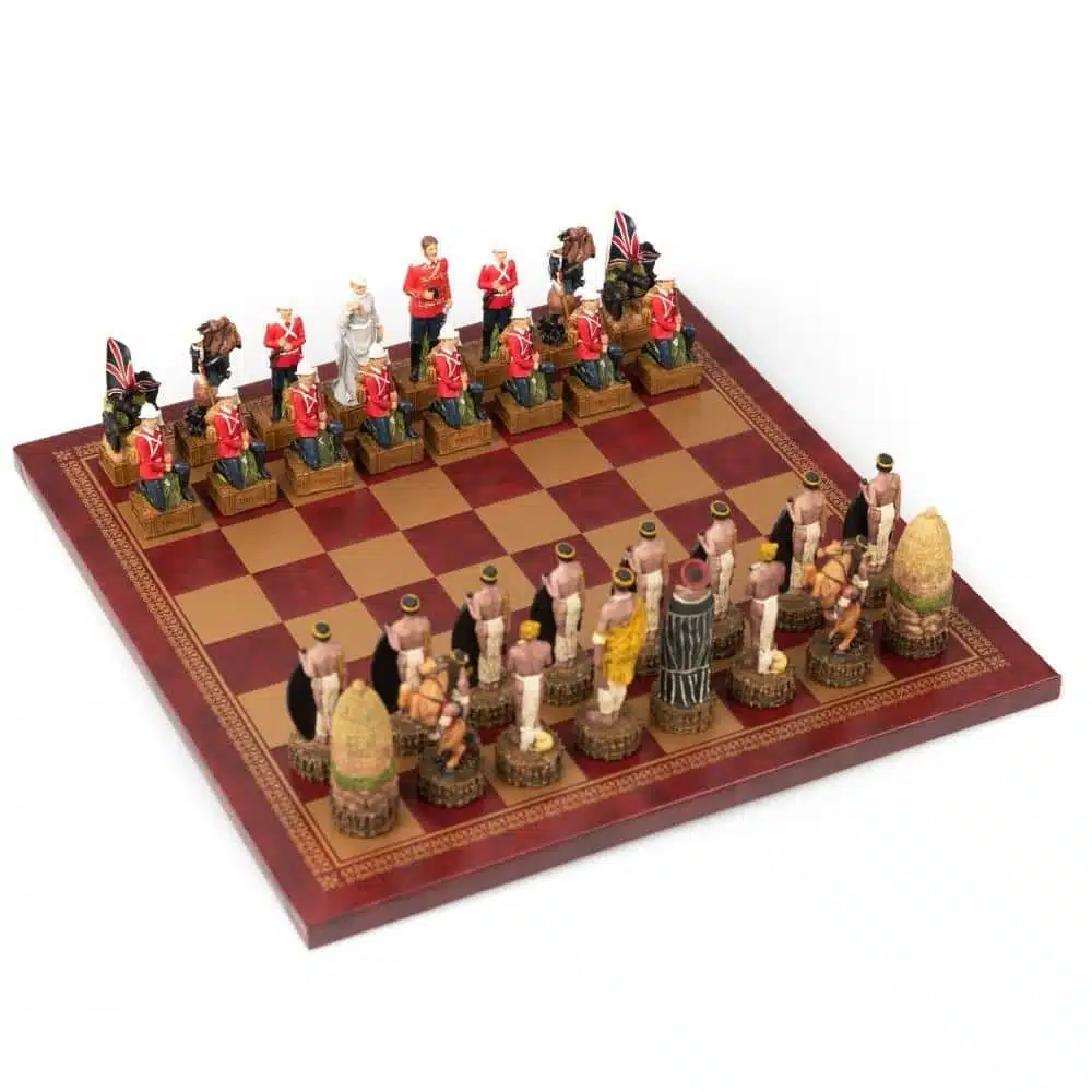 Anglo-Zulu War Set Red Faux Leather Chess Board and Hand-Painted Resin Chess Set