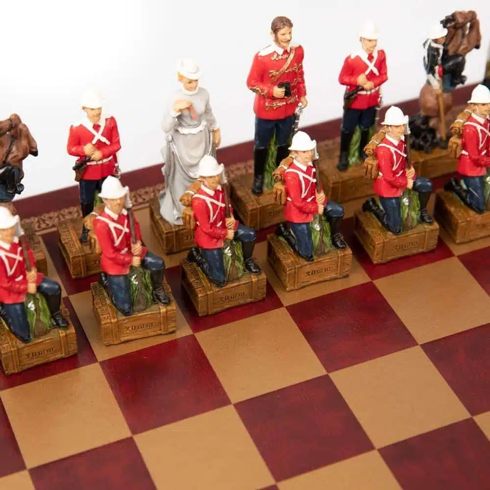 Anglo-Zulu War Set Red Faux Leather Chess Board and Hand-Painted Resin Chess Set - Image 3