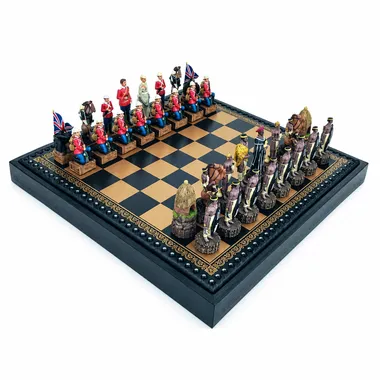 Complete Anglo-Zulu War II chess set on faux-leather chessboard with storage box