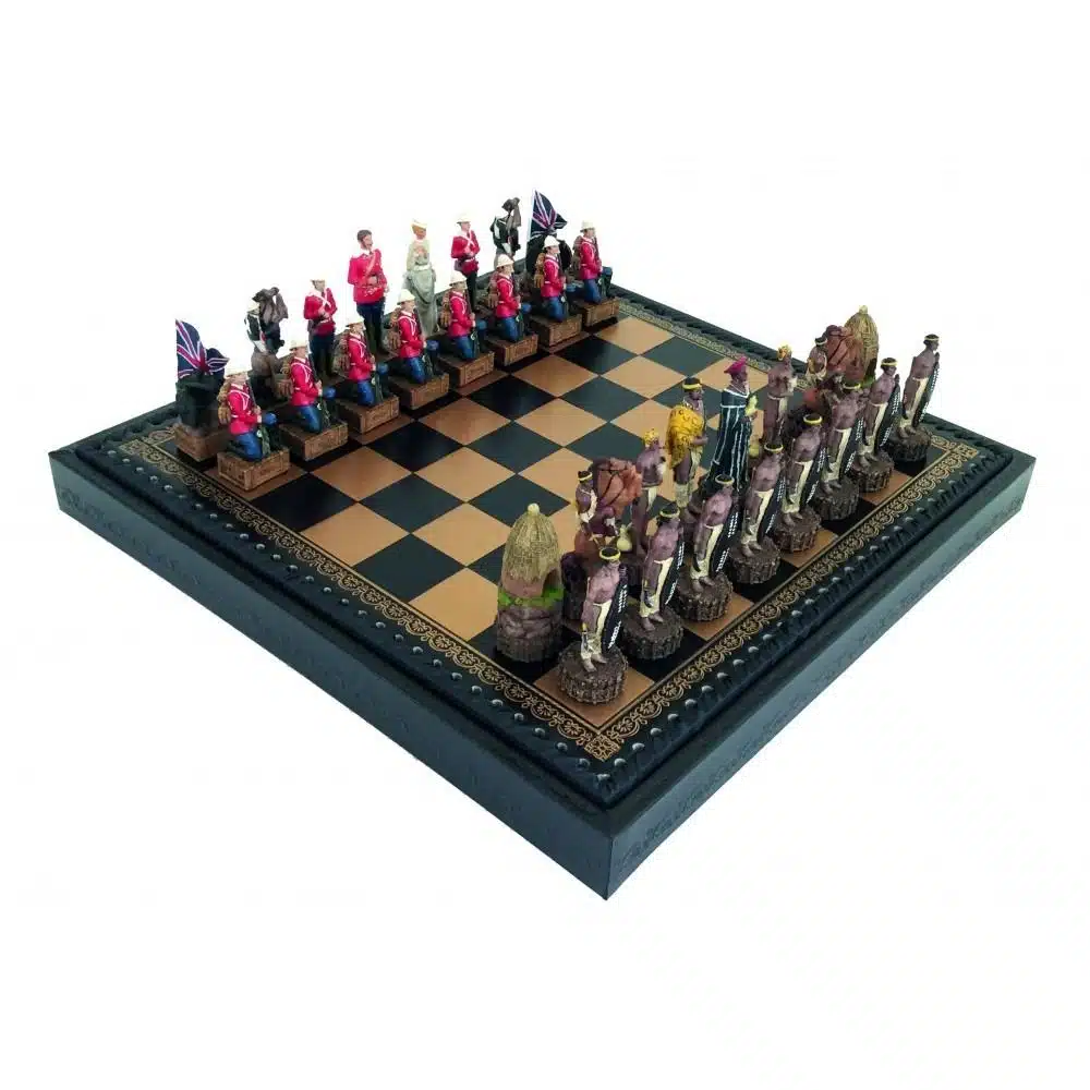 Anglo-Zulu War II Chess Board in Faux Leather with Storage and Hand-Painted Resin Chess Set