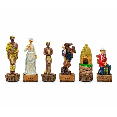Anglo-Zulu War resin chess set, six painted pieces displayed side by side