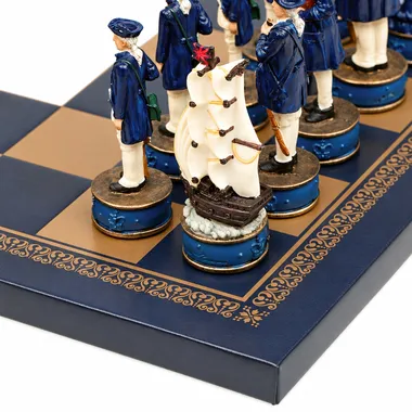 Pirates III pieces: detailed sailors and ship on blue and gold board