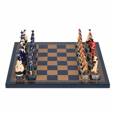 Complete Pirates III chess set on blue and gold faux leather board
