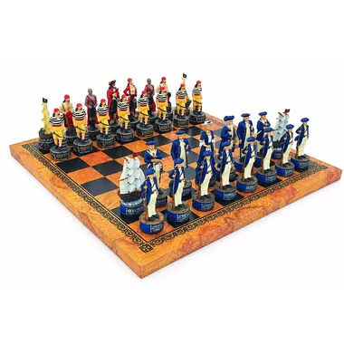 Complete chess set pirates versus navy, resin pieces on faux-leather chess board