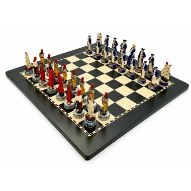 Pirates II chess set on wooden board, overall view of both sides