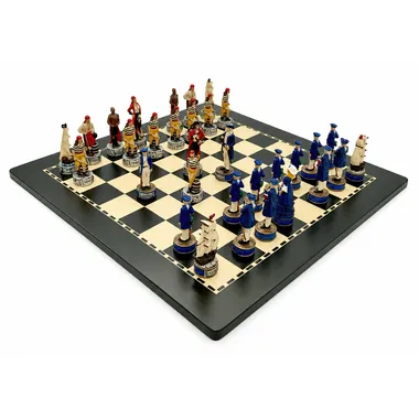 Pirates II chess set, side view of pieces lined up on the board