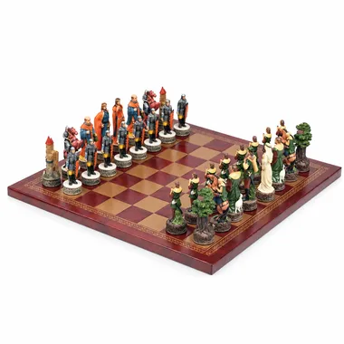Complete Robin Hood chess set on faux-leather board, hand-painted resin pieces