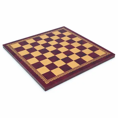 Red faux leather chess board with gold border, diagonal overall view