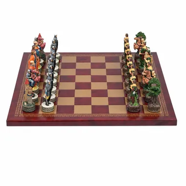 Robin Hood chess board side view, two resin armies facing each other