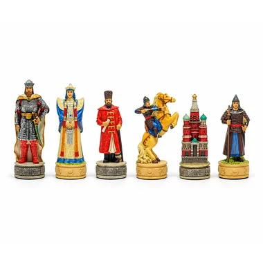 Resin chess set Russians vs Mongols, painted pieces lined up