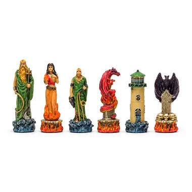 Resin chess pieces Water vs Fire Deities lined up on a white background