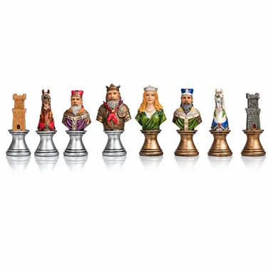 Medieval Bust V chess pieces lined up, rook, knight, king, queen, bishop and rook