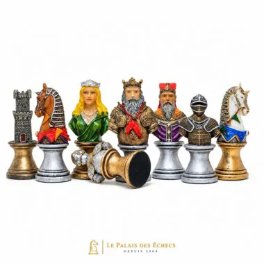 Hand-painted resin chess pieces featuring kings, queens, knights and rook