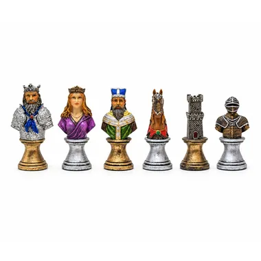 Chess pieces in painted resin, medieval busts of kings, queens and knights