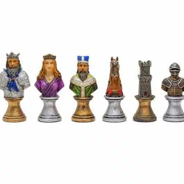 Medieval Bust V chess pieces, king, queen, bishop, knight, rook and knight figure in a row