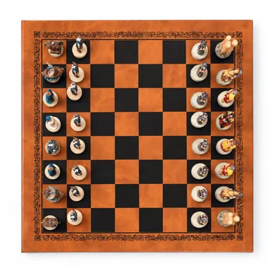Trojan War chess board viewed from above with all painted pieces