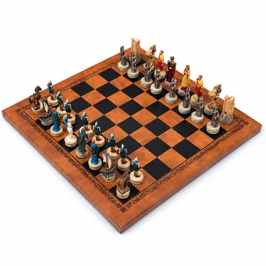 Complete Trojan War chess set, faux leather board and hand-painted resin pieces