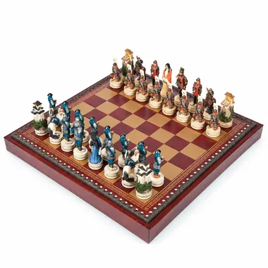 Samurai set: faux leather chess board and hand-painted resin chess pieces, overall view
