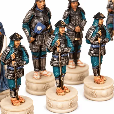 Samurai chess pieces in painted resin, detail of soldiers in blue armour