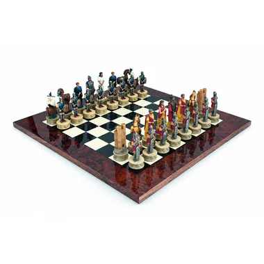 Complete Trojan War chess set on a glossy walnut burl chessboard