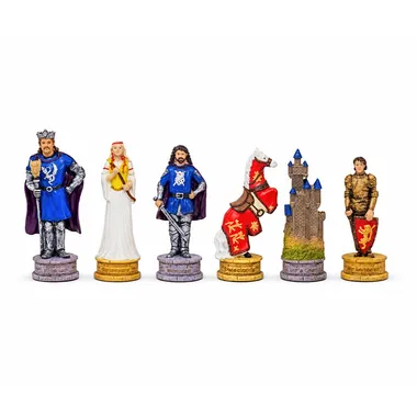 King Arthur resin chess set, painted pieces lined up on a white background