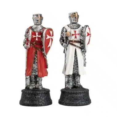 Fous Templier II en résine peinte, chevaliers rouge et blanc en armure