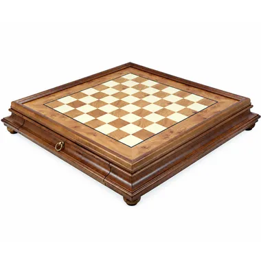 Chess board on a stand in briar and elm wood with storage drawer, overall view