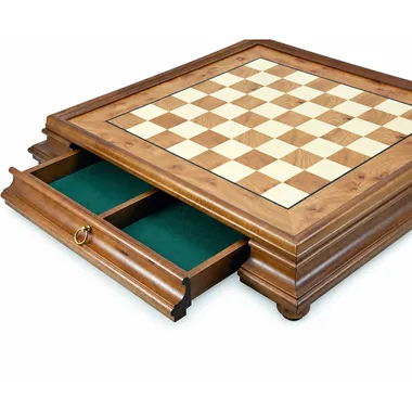 Chess board on a stand in briar and elm wood, open storage drawer lined with green felt