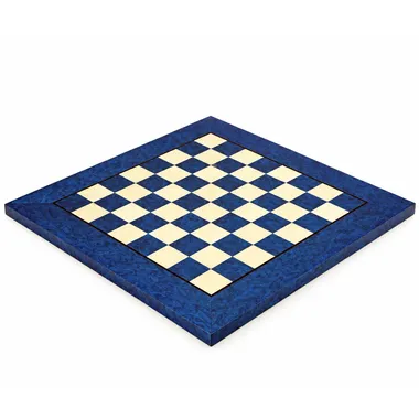 Blue maple wood chess board, overall perspective view