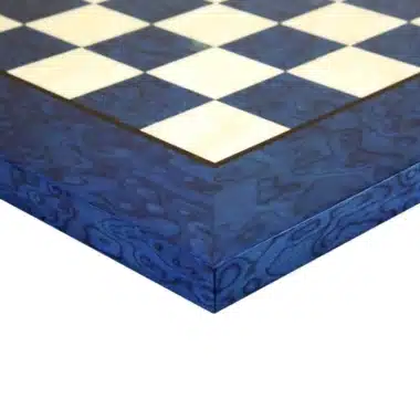 Blue maple wood chess board, detail of the corner and edge