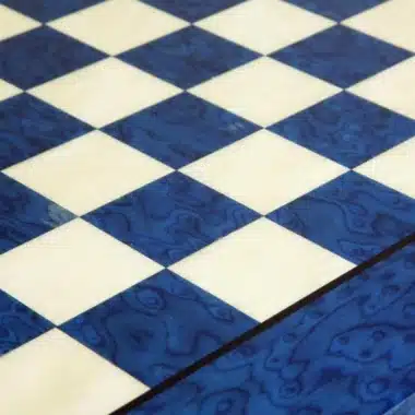 Blue maple wood chess board, close-up detail of the squares