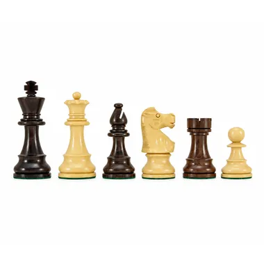 Staunton Chevalier chess set in rosewood, pieces lined up on white background