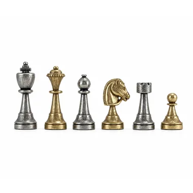 Staunton metal chess set, full line-up of gold and silver pieces