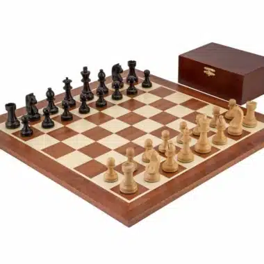 Grand Championship II Set: Mahogany and Maple Wood Chess Board, Boxwood and Ebonised Boxwood Chess Set & Birch Wood Storage Box