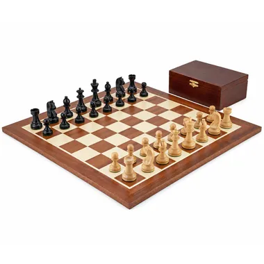 Complete Grand Championship II chess set arranged on the mahogany and maple board, box open