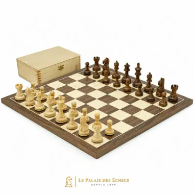 Fierce Knight complete chess set with walnut and maple board and wooden box