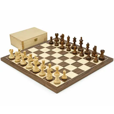 Fierce Knight complete chess set with walnut and maple board and wooden box