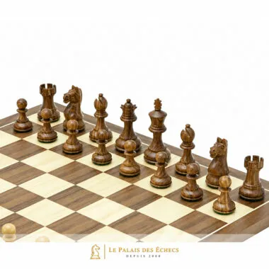 Brown Fierce Knight chess pieces arranged on the walnut chess board
