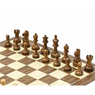Brown Fierce Knight chess pieces arranged on the walnut chess board