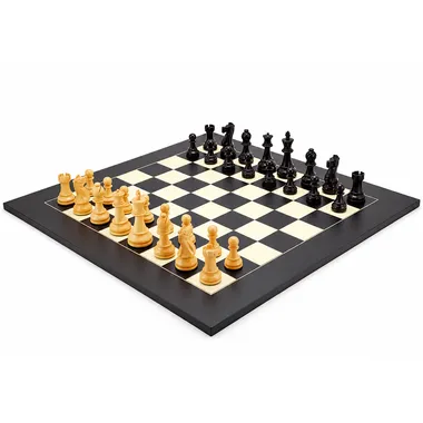 Frankfurt set in play, light and dark pieces on maple chess board