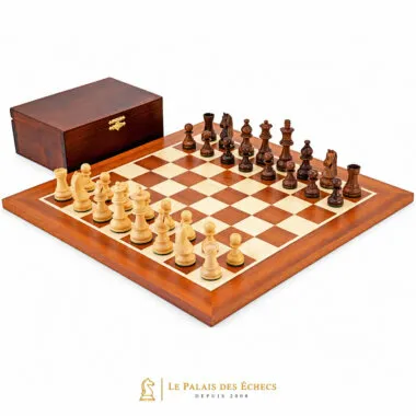 Championship complete chess set with mahogany and maple board, golden rosewood pieces