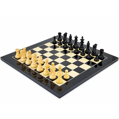 Complete Fleur Noire chess set with maple board and boxwood pieces