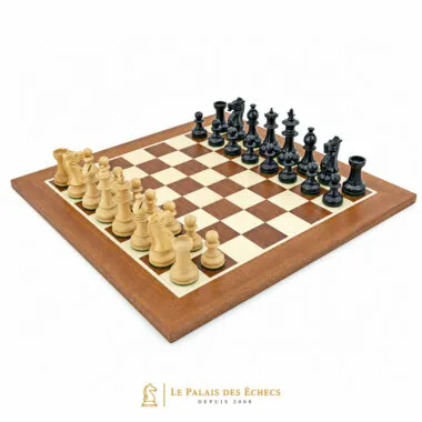 Complete Fleur Royale chess set on a mahogany and maple board, pieces set out
