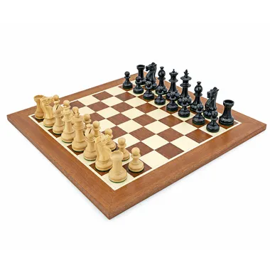 Complete Fleur Royale chess set on a mahogany and maple board, pieces set out