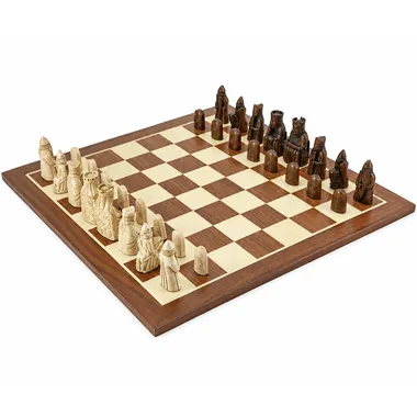 Giant maple and mahogany chess board with Isle of Lewis chess set laid out