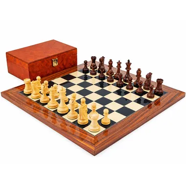 Supreme set complete: chess board, rosewood pieces and burl wood box