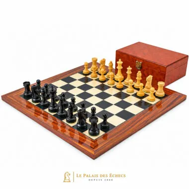 Supreme II chess set: maple and golden rosewood board, ebony and boxwood pieces, burr wood veneer box