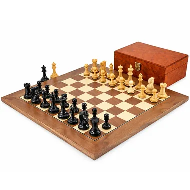 Ensemble Highgrove complet avec échiquier, pièces ébonisées et coffret en placage de racine
