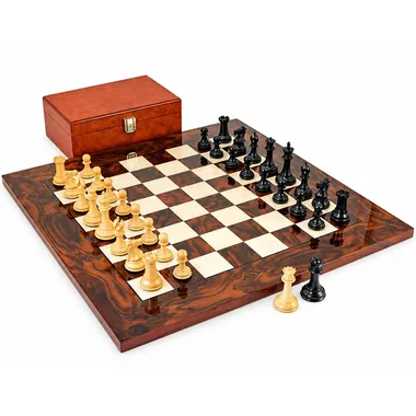 Complete set with maple burl chessboard, ebony pieces and storage box