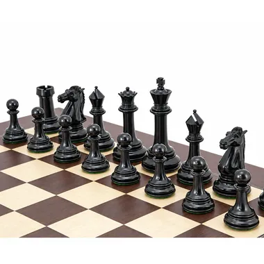 Black Parthenon II chess pieces on the maple chess board